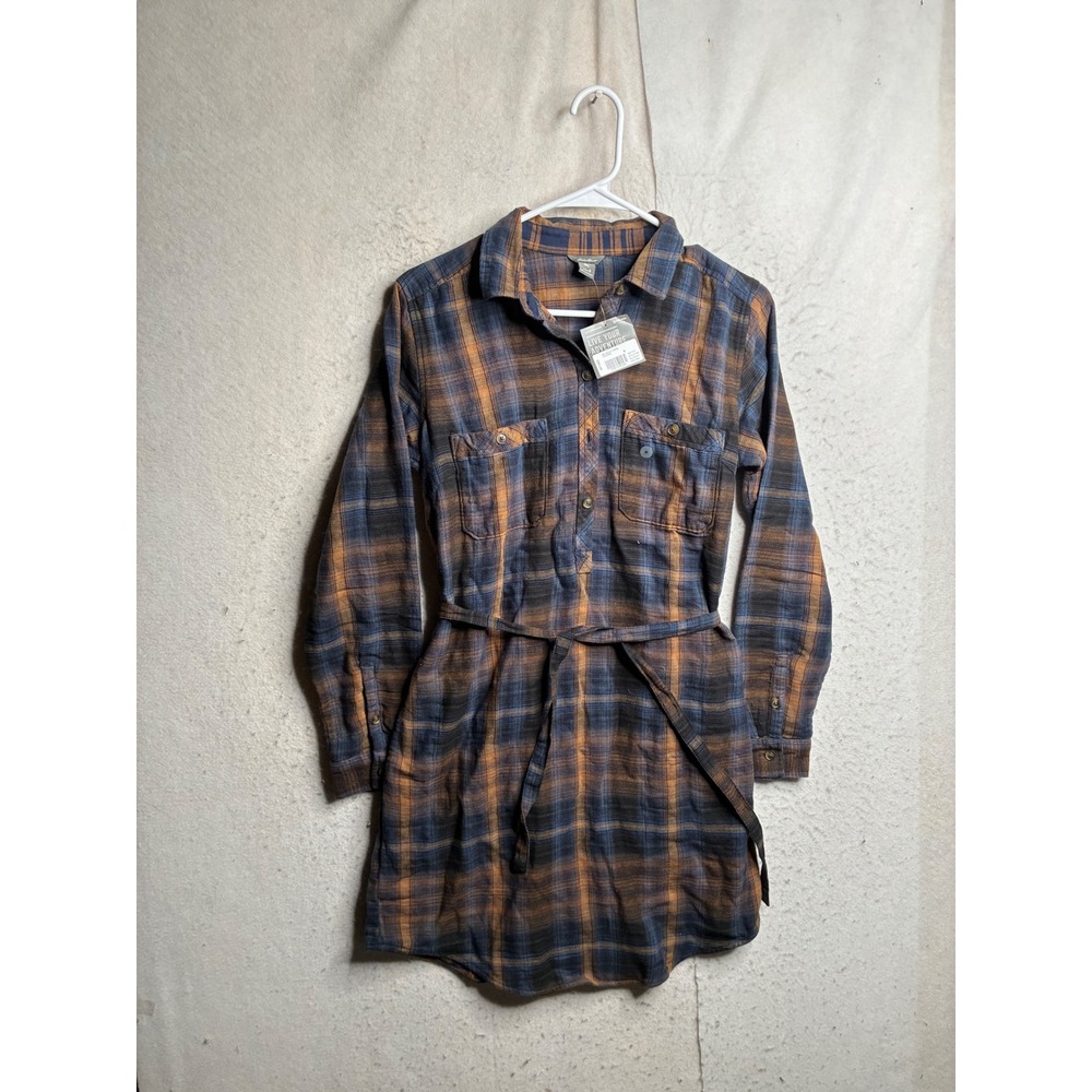 NWT Eddie Bauer WR Hadley Dress Tortoise Blue Orange Plaid Flannel Shirt Dress